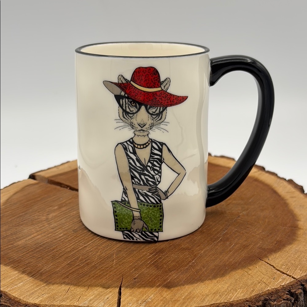 Signature Housewares Hipster Animal Cat Coffee Mug with Red Hat and‎ Green Purse